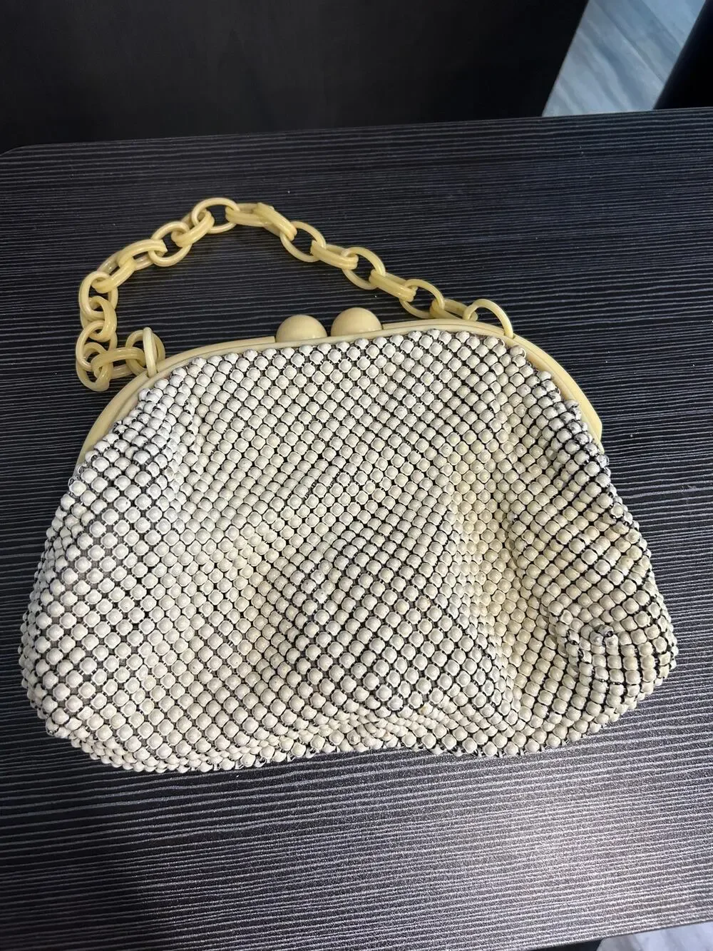 Whiting Davis Alumesh Vintage 50s 60s Ivory MCM Purse Lucite Chain Kiss Lock